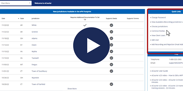 ePN platform showing Admin Users Quick Links screen; play button indicates video link.