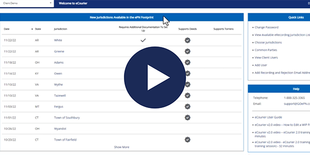 ePN platform showing new jurisdictions screen; play button indicates video link.